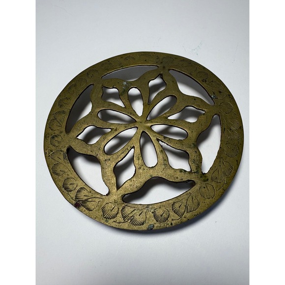 Other - Vintage Solid Brass Round Floral Trivet Etched Leaf Three Footed